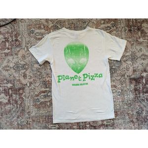 Planet Pizza Virginia Beach Aliens Small White Green Graphic TShirt Front Back